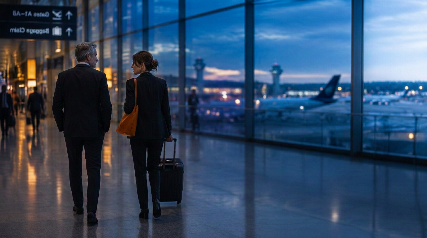To kolleger i samtale på vej gennem en lufthavnsterminal i blå time