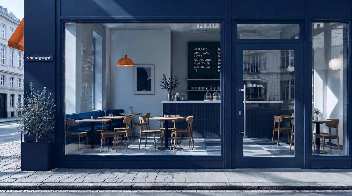 Café på et gadehjørne med glasfacade og en orange lampe